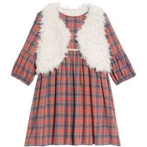 Pippa Julie 3 Piece Plaid Dress Set Baby Girls 0/3 or 3/6 Faux Fur Vest Red